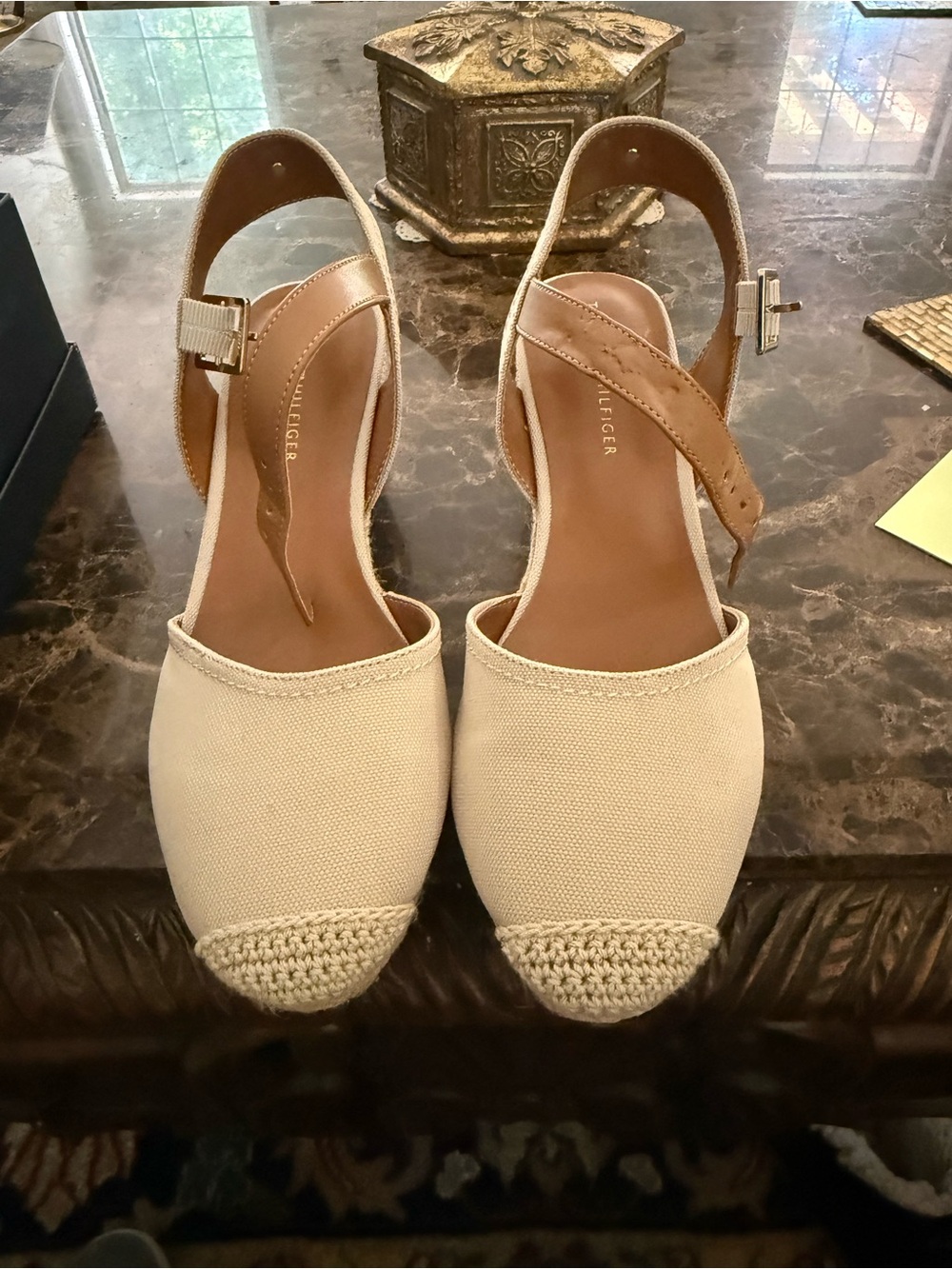 Tommy Hilfiger Cream Canvas Espadrille Slingback Wedges